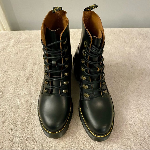 Dr. Martens Leona Heeled Boots Black Leather Smooth Combat Lace Up Shoes US 9 - Picture 5 of 12